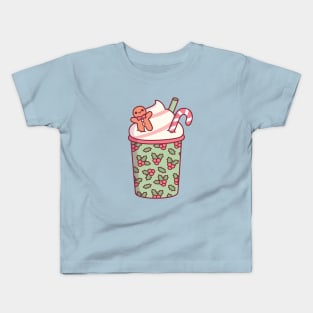 Cute Christmas Coffee Drink Gingerbread Man And Candy Cane Kids T-Shirt